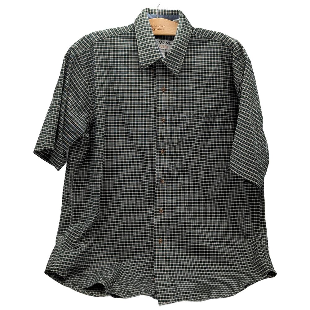 SAVANE L Deep Dye Green White Short Sleeve Button-Down
